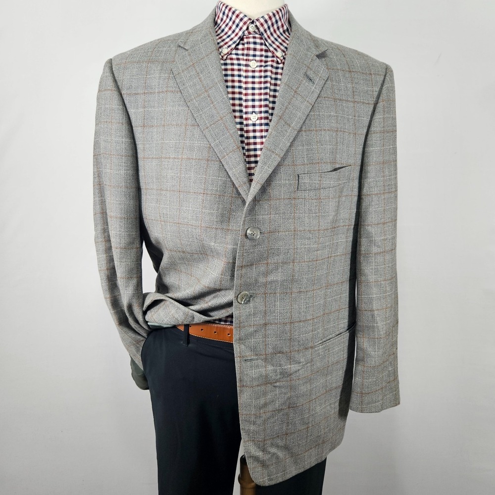 Tallia Uomo Mens Sport Coat Blazer Three Button Gray Plaid Soft Flannel Wool 46R